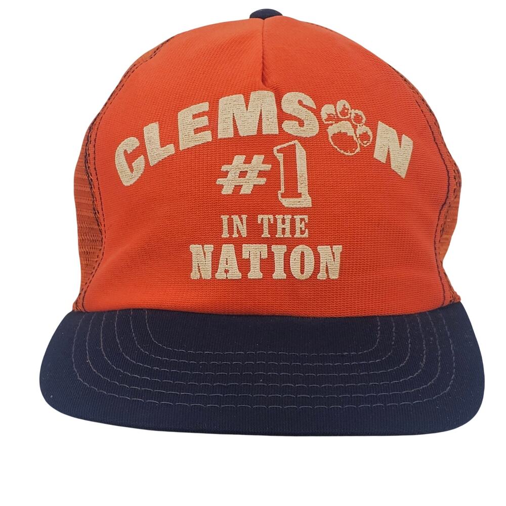 Vintage 80s Clemson Tigers College Hat Cap Flat Brim Snapback Meshback READ